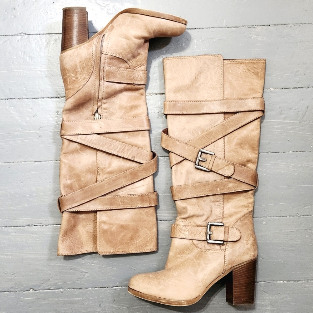 Massimo Baldi Italian Leather Tan Beige Knee-High Buckle Belt Heeled Boots